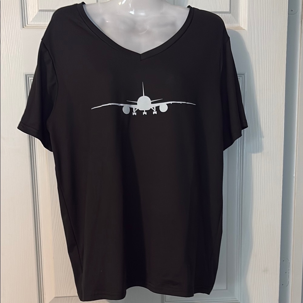 Black V-Neck T-Shirt with Airplane Graphic